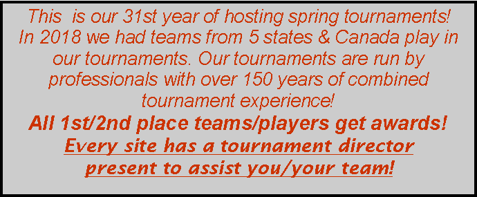 Text Box: This  is our 31st year of hosting spring tournaments!  In 2018 we had teams from 5 states & Canada play in our tournaments. Our tournaments are run by professionals with over 150 years of combined tournament experience!  All 1st/2nd place teams/players get awards!Every site has a tournament director present to assist you/your team!   
